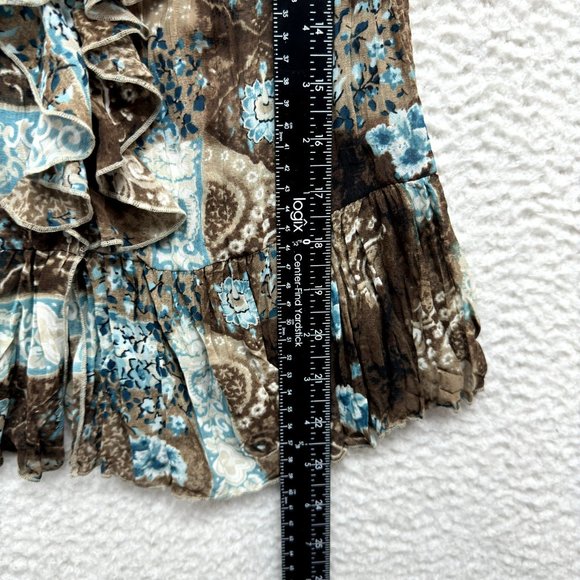 Y2K Vintage Dressbarn Boho Grunge Blouse S Small Blue Brown Pattern Mesh Ruffle - Picture 6 of 7